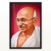 Mahatma Gandhi Crimson Background Portrait Photo Frame 20 Mahatma Gandhi clear smiling Gandhi portrait on a crimson background photo frame – Black Frame