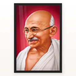 Mahatma Gandhi clear smiling Gandhi portrait on a crimson background photo frame – Black Frame