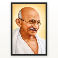 Mahatma Gandhi clear smiling Gandhi portrait on a golden background photo frame – Black Frame
