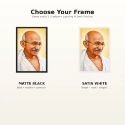Mahatma Gandhi clear smiling Gandhi portrait on a golden background photo frame – Black and White Frame Options