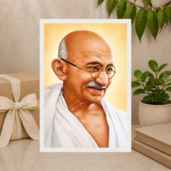 Mahatma Gandhi clear smiling Gandhi portrait on a golden background photo frame – Gift Display