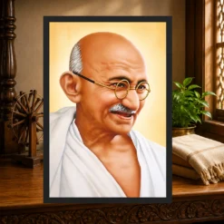 Mahatma Gandhi clear smiling Gandhi portrait on a golden background photo frame – Heritage Study Display