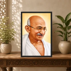 Mahatma Gandhi clear smiling Gandhi portrait on a golden background photo frame – Indian Carved Console Display
