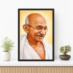 Mahatma Gandhi clear smiling Gandhi portrait on a golden background photo frame – Premium Console Display