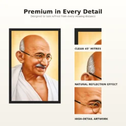 Mahatma Gandhi clear smiling Gandhi portrait on a golden background photo frame – Frame and Print Details