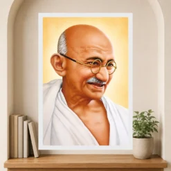 Mahatma Gandhi clear smiling Gandhi portrait on a golden background photo frame – Reading Niche Display