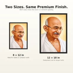 Mahatma Gandhi clear smiling Gandhi portrait on a golden background photo frame – 8×12 and 12×18 Inch Size Guide