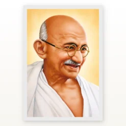 Mahatma Gandhi clear smiling Gandhi portrait on a golden background photo frame – White Frame