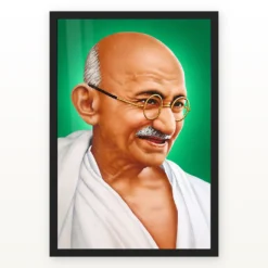 Mahatma Gandhi clear smiling Gandhi portrait on a green background photo frame – Black Frame