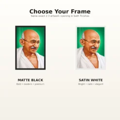 Mahatma Gandhi Green Background Portrait Photo Frame 16 Mahatma Gandhi clear smiling Gandhi portrait on a green background photo frame – Black and White Frame Options