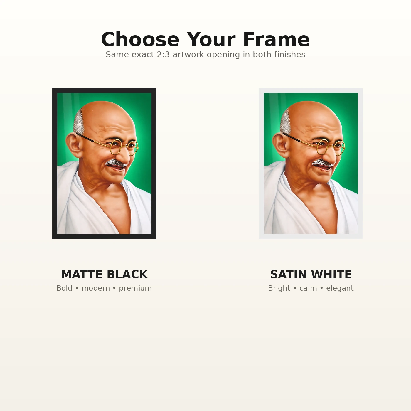 Mahatma Gandhi Green Background Portrait Photo Frame 7 Mahatma Gandhi clear smiling Gandhi portrait on a green background photo frame – Black and White Frame Options