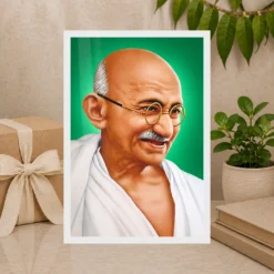 Mahatma Gandhi Green Background Portrait Photo Frame 19 Mahatma Gandhi clear smiling Gandhi portrait on a green background photo frame – Gift Display