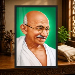 Mahatma Gandhi Green Background Portrait Photo Frame 13 Mahatma Gandhi clear smiling Gandhi portrait on a green background photo frame – Heritage Study Display