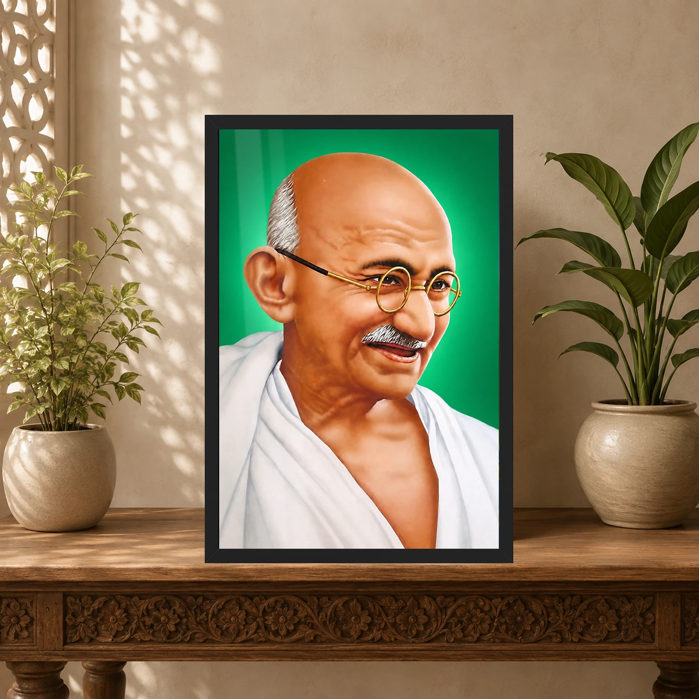 Mahatma Gandhi Green Background Portrait Photo Frame 5 Mahatma Gandhi clear smiling Gandhi portrait on a green background photo frame – Indian Carved Console Display