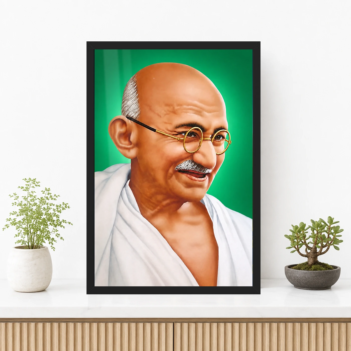Mahatma Gandhi Green Background Portrait Photo Frame 3 Mahatma Gandhi clear smiling Gandhi portrait on a green background photo frame – Premium Console Display