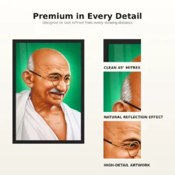 Mahatma Gandhi Green Background Portrait Photo Frame 18 Mahatma Gandhi clear smiling Gandhi portrait on a green background photo frame – Frame and Print Details