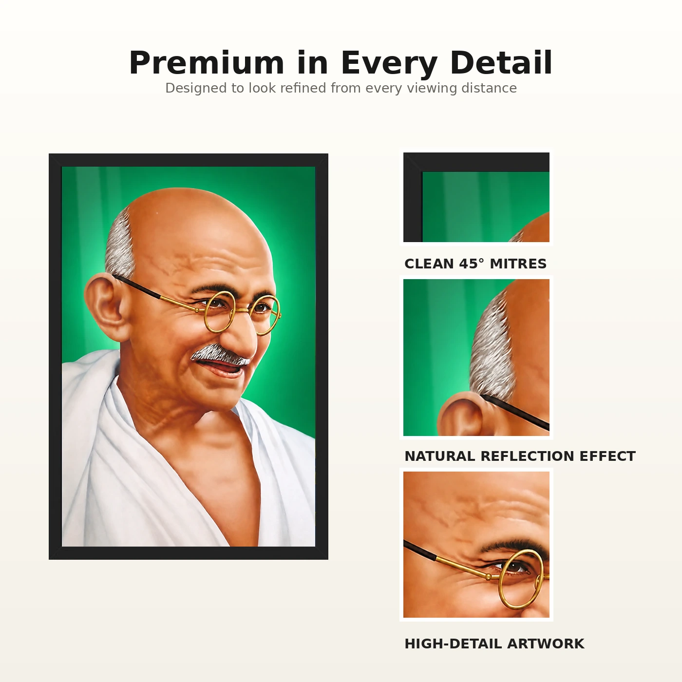 Mahatma Gandhi Green Background Portrait Photo Frame 9 Mahatma Gandhi clear smiling Gandhi portrait on a green background photo frame – Frame and Print Details