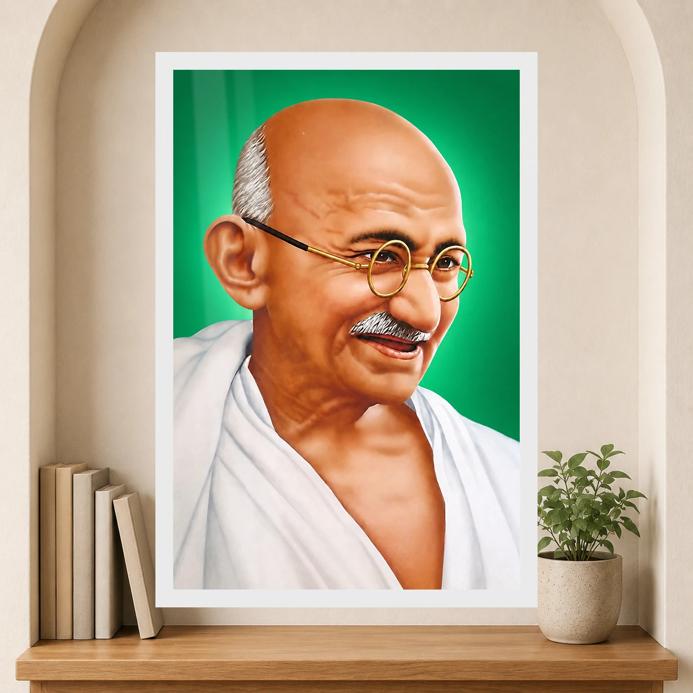 Mahatma Gandhi Green Background Portrait Photo Frame 6 Mahatma Gandhi clear smiling Gandhi portrait on a green background photo frame – Reading Niche Display