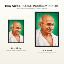 Mahatma Gandhi Green Background Portrait Photo Frame 17 Mahatma Gandhi clear smiling Gandhi portrait on a green background photo frame – 8×12 and 12×18 Inch Size Guide