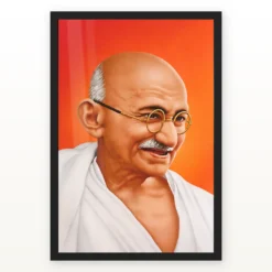 Mahatma Gandhi clear smiling Gandhi portrait on a orange background photo frame – Black Frame