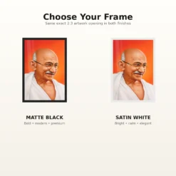 Mahatma Gandhi clear smiling Gandhi portrait on a orange background photo frame – Black and White Frame Options