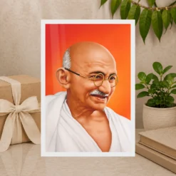 Mahatma Gandhi clear smiling Gandhi portrait on a orange background photo frame – Gift Display
