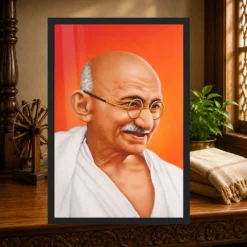 Mahatma Gandhi clear smiling Gandhi portrait on a orange background photo frame – Heritage Study Display