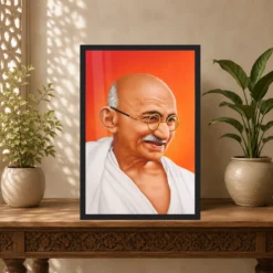 Mahatma Gandhi clear smiling Gandhi portrait on a orange background photo frame – Indian Carved Console Display