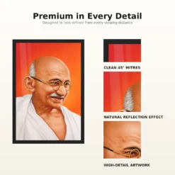 Mahatma Gandhi clear smiling Gandhi portrait on a orange background photo frame – Frame and Print Details