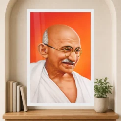Mahatma Gandhi clear smiling Gandhi portrait on a orange background photo frame – Reading Niche Display