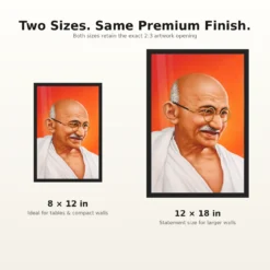 Mahatma Gandhi clear smiling Gandhi portrait on a orange background photo frame – 8×12 and 12×18 Inch Size Guide