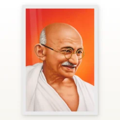 Mahatma Gandhi clear smiling Gandhi portrait on a orange background photo frame – White Frame