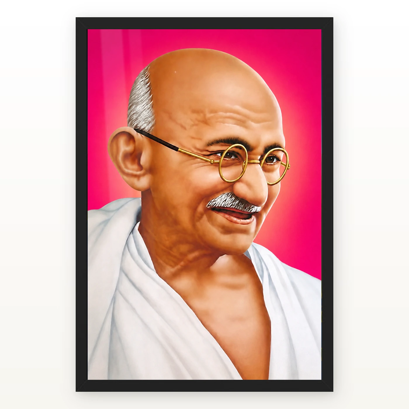 Mahatma Gandhi Pink Background Portrait Photo Frame 1 Mahatma Gandhi clear smiling Gandhi portrait on a pink background photo frame – Black Frame