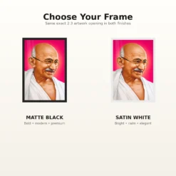 Mahatma Gandhi Pink Background Portrait Photo Frame 16 Mahatma Gandhi clear smiling Gandhi portrait on a pink background photo frame – Black and White Frame Options