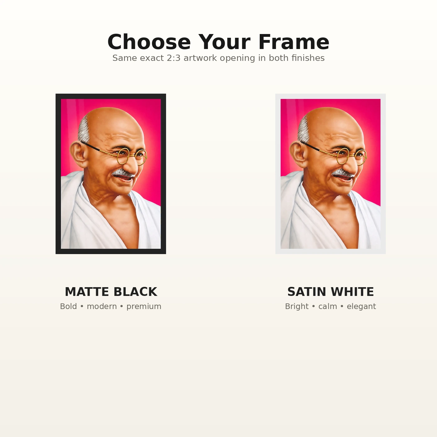 Mahatma Gandhi Pink Background Portrait Photo Frame 7 Mahatma Gandhi clear smiling Gandhi portrait on a pink background photo frame – Black and White Frame Options