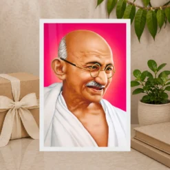 Mahatma Gandhi Pink Background Portrait Photo Frame 19 Mahatma Gandhi clear smiling Gandhi portrait on a pink background photo frame – Gift Display
