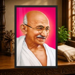 Mahatma Gandhi Pink Background Portrait Photo Frame 13 Mahatma Gandhi clear smiling Gandhi portrait on a pink background photo frame – Heritage Study Display