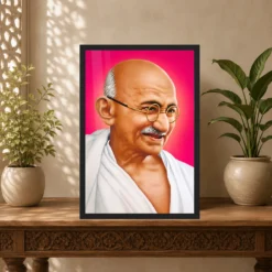Mahatma Gandhi Pink Background Portrait Photo Frame 14 Mahatma Gandhi clear smiling Gandhi portrait on a pink background photo frame – Indian Carved Console Display