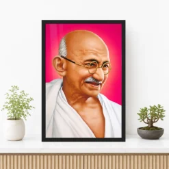 Mahatma Gandhi Pink Background Portrait Photo Frame 12 Mahatma Gandhi clear smiling Gandhi portrait on a pink background photo frame – Premium Console Display