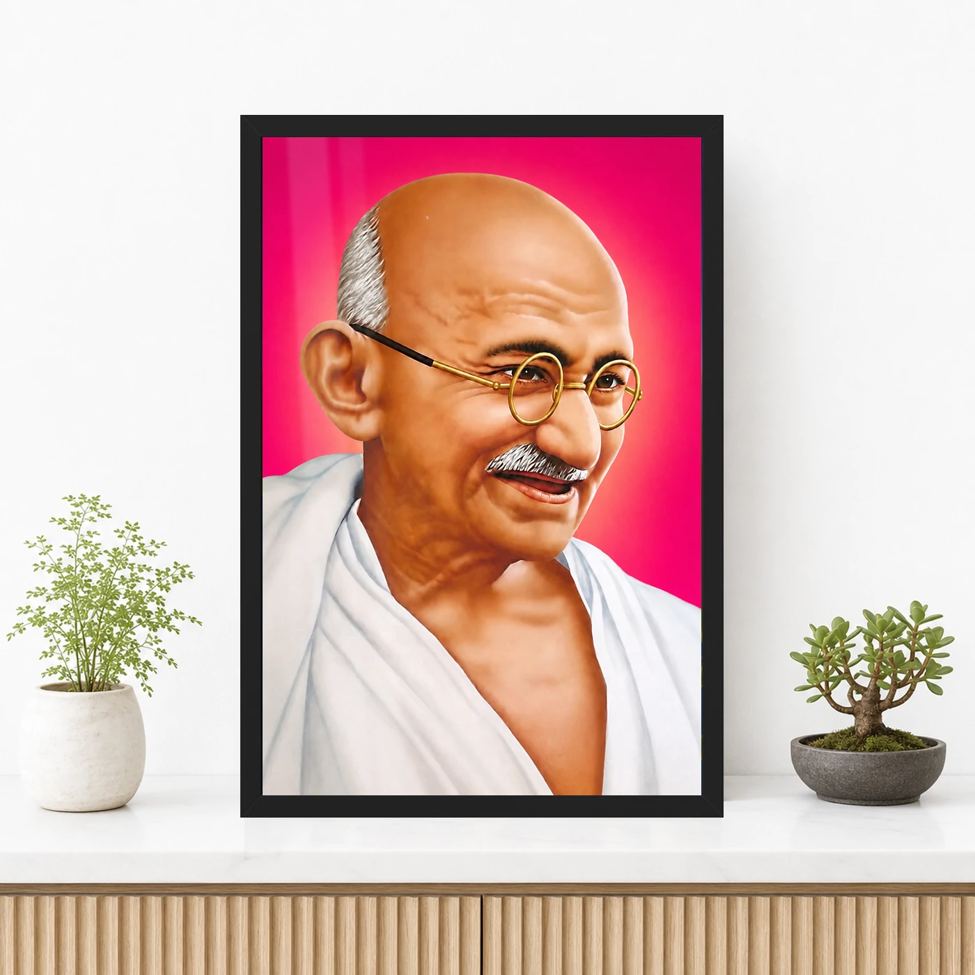 Mahatma Gandhi Pink Background Portrait Photo Frame 3 Mahatma Gandhi clear smiling Gandhi portrait on a pink background photo frame – Premium Console Display