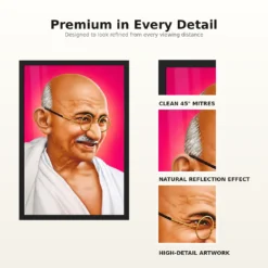 Mahatma Gandhi Pink Background Portrait Photo Frame 18 Mahatma Gandhi clear smiling Gandhi portrait on a pink background photo frame – Frame and Print Details