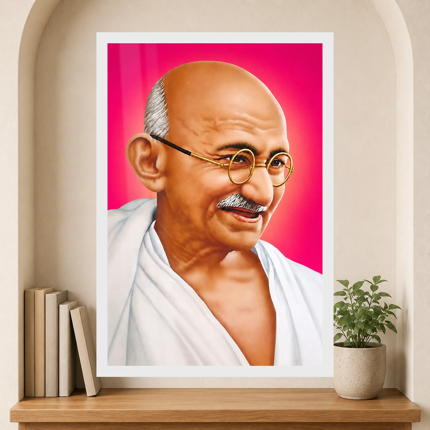 Mahatma Gandhi Pink Background Portrait Photo Frame 6 Mahatma Gandhi clear smiling Gandhi portrait on a pink background photo frame – Reading Niche Display