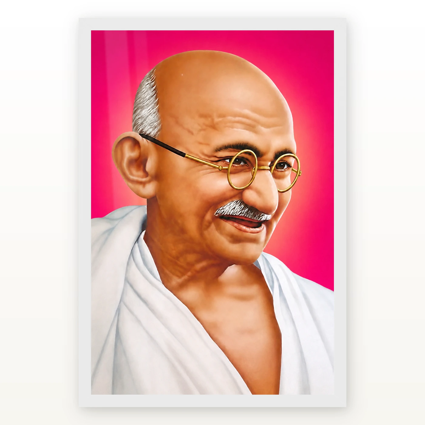Mahatma Gandhi Pink Background Portrait Photo Frame 2 Mahatma Gandhi clear smiling Gandhi portrait on a pink background photo frame – White Frame