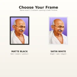 Mahatma Gandhi clear smiling Gandhi portrait on a purple background photo frame – Black and White Frame Options