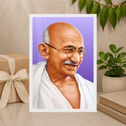Mahatma Gandhi clear smiling Gandhi portrait on a purple background photo frame – Gift Display