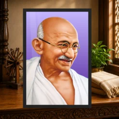 Mahatma Gandhi clear smiling Gandhi portrait on a purple background photo frame – Heritage Study Display