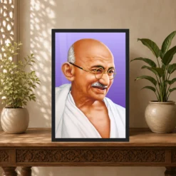 Mahatma Gandhi clear smiling Gandhi portrait on a purple background photo frame – Indian Carved Console Display