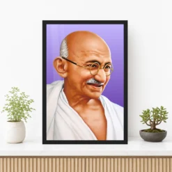 Mahatma Gandhi clear smiling Gandhi portrait on a purple background photo frame – Premium Console Display
