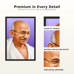 Mahatma Gandhi clear smiling Gandhi portrait on a purple background photo frame – Frame and Print Details