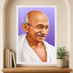 Mahatma Gandhi clear smiling Gandhi portrait on a purple background photo frame – Reading Niche Display